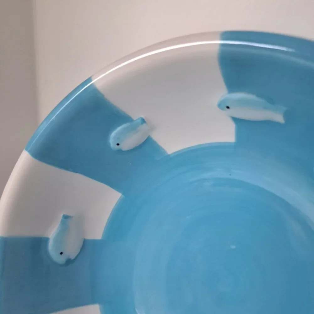 Cat Bowl Ceramic, Round Food Bowl, Pre-owned Great Condition, Blue & White Shiny
